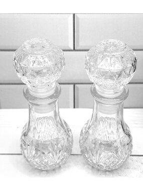 Vintage Crystal-Cut Clear Glass Wine Decanters with Stoppers Pair